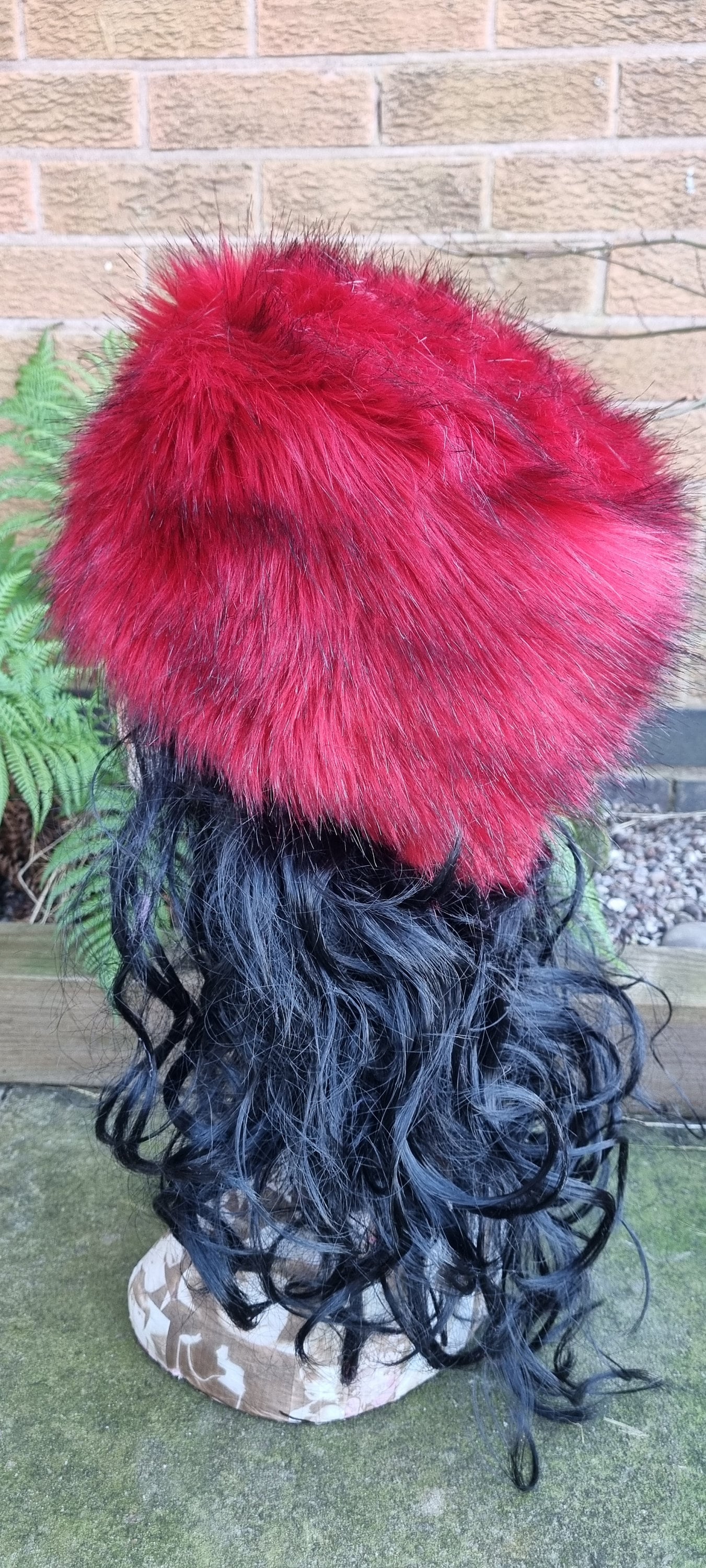 Vibrant Red/Black Luxury Faux Fur Hat with Polar Fleece Lining-Fur Hat-Fake Fur Hat-Winter Hat-Long Fur Hat-Red Fur Hat