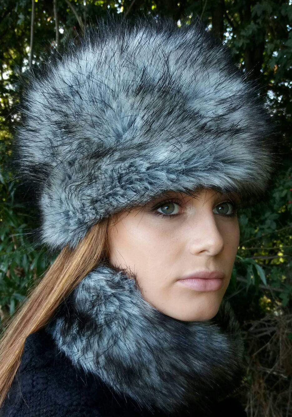 Grey Wolf Fake Fur Russian Style Hat-Grey Fur Hat-Fleece Lining-Wolf-Cruelty free-Vegan Fabric-Winter hat-Faux Fur Hat