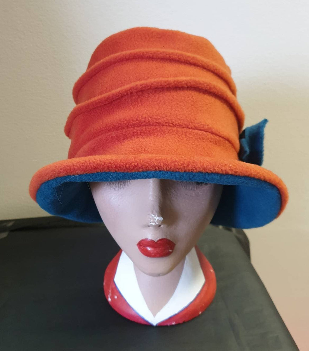 Burnt Orange & Teal Fleece Cloche Hat | Handmade in England