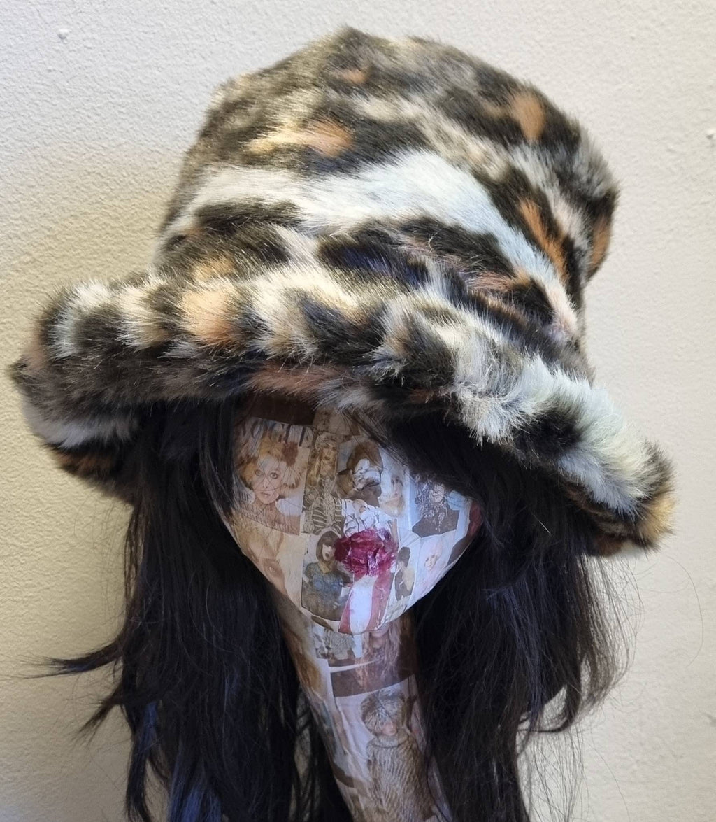 Leopard Print Fuzzy Bucket Hat-Festival Hat-Animal Print Faux Fur Hat-Fake Fur Hat-Rave Hat-Leopard Print Bucket Hat- Hat-vegan friendly-