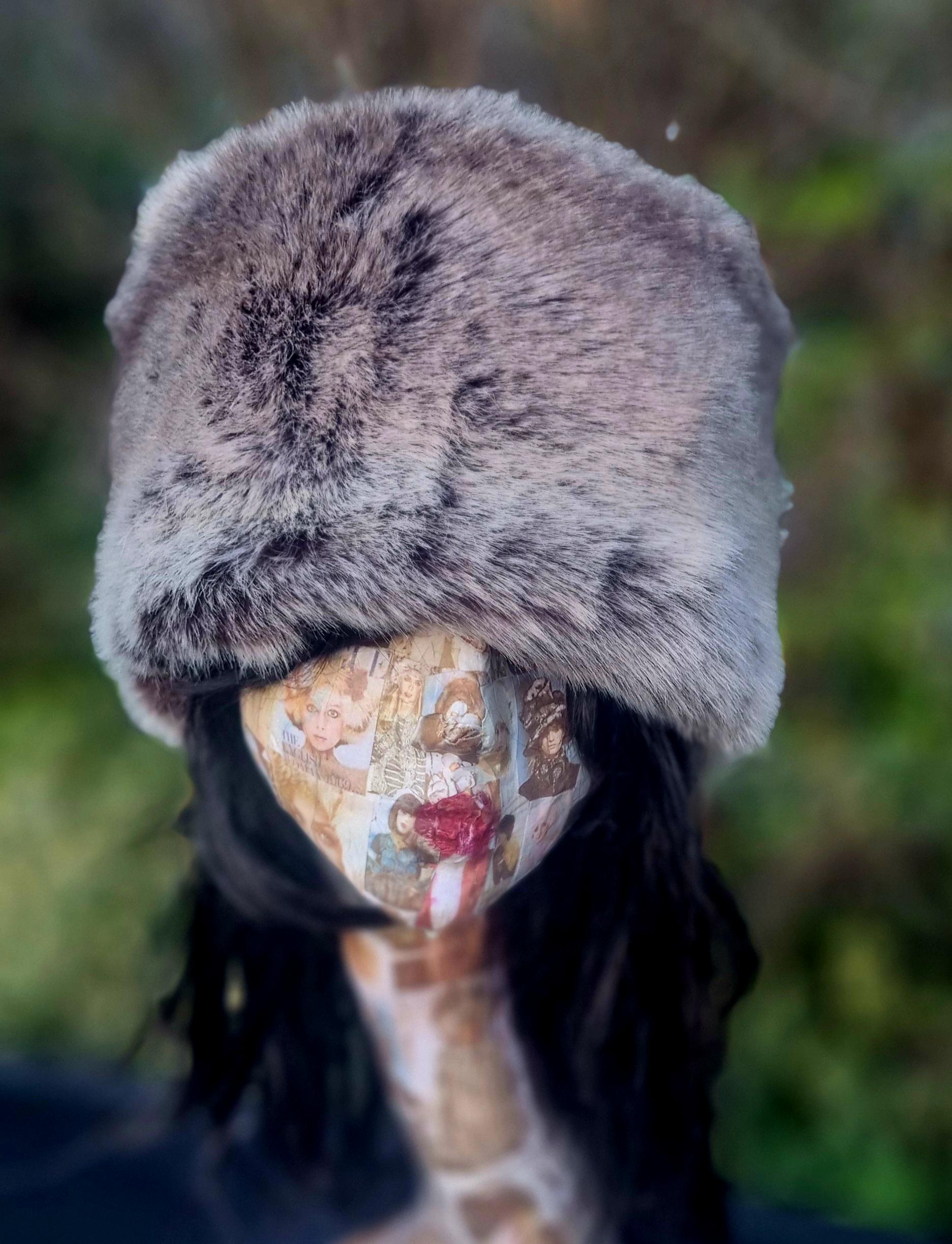 Faux Chinchilla- Winter Faux Fur Hat-Brown-Grey Fur Hat-Brown Fake Fur-Fur Pill Box Hat-Winter Fake Fur Hat Silver Grey- Vegan Fabric