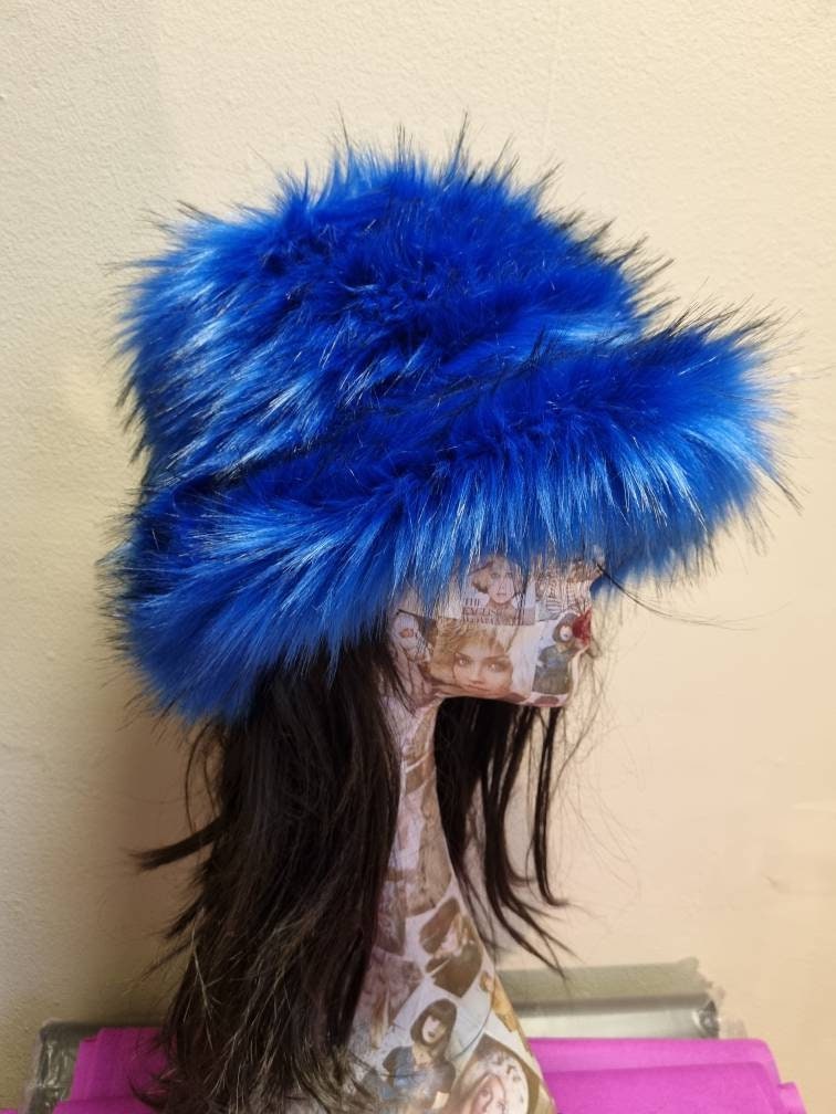 Super Fluffy Royal Blue Luxury Faux Fur Bucket Hat-Deep Blue-Fuzzy Bucket Hat-Festival Hat-Fur Hat-Fake Fur Hat-Rave Hat-Blue Bucket Hat-Y2K