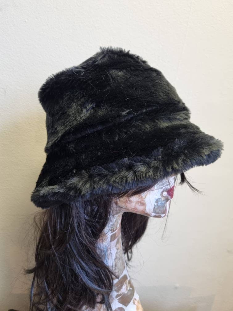 Short Black Fun Fur Bucket Hat-Festival Hat-Floppy Hat-Fur Hat-Fake Fur Hat-Rave Hat-Black Fur Hat- Black Fur Hat- Furry Bucket Hat