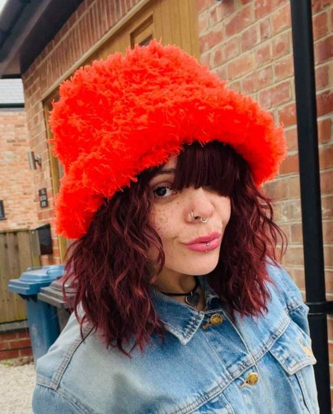 Curly Frills Orange Faux Fur Bucket Hat-Festival Hat-Floppy Hat-Fur Hat-Fake Fur Hat-Rave Hat-Orange Fur Hat- Orange Fur Hat-Bright Orange