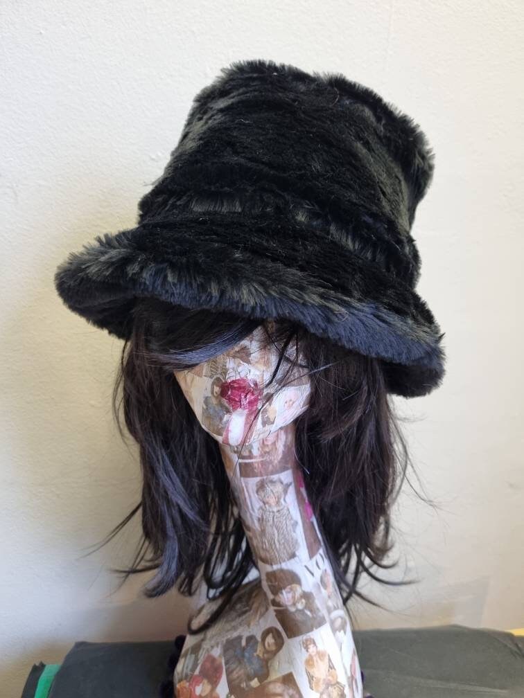 Short Black Fun Fur Bucket Hat-Festival Hat-Floppy Hat-Fur Hat-Fake Fur Hat-Rave Hat-Black Fur Hat- Black Fur Hat- Furry Bucket Hat