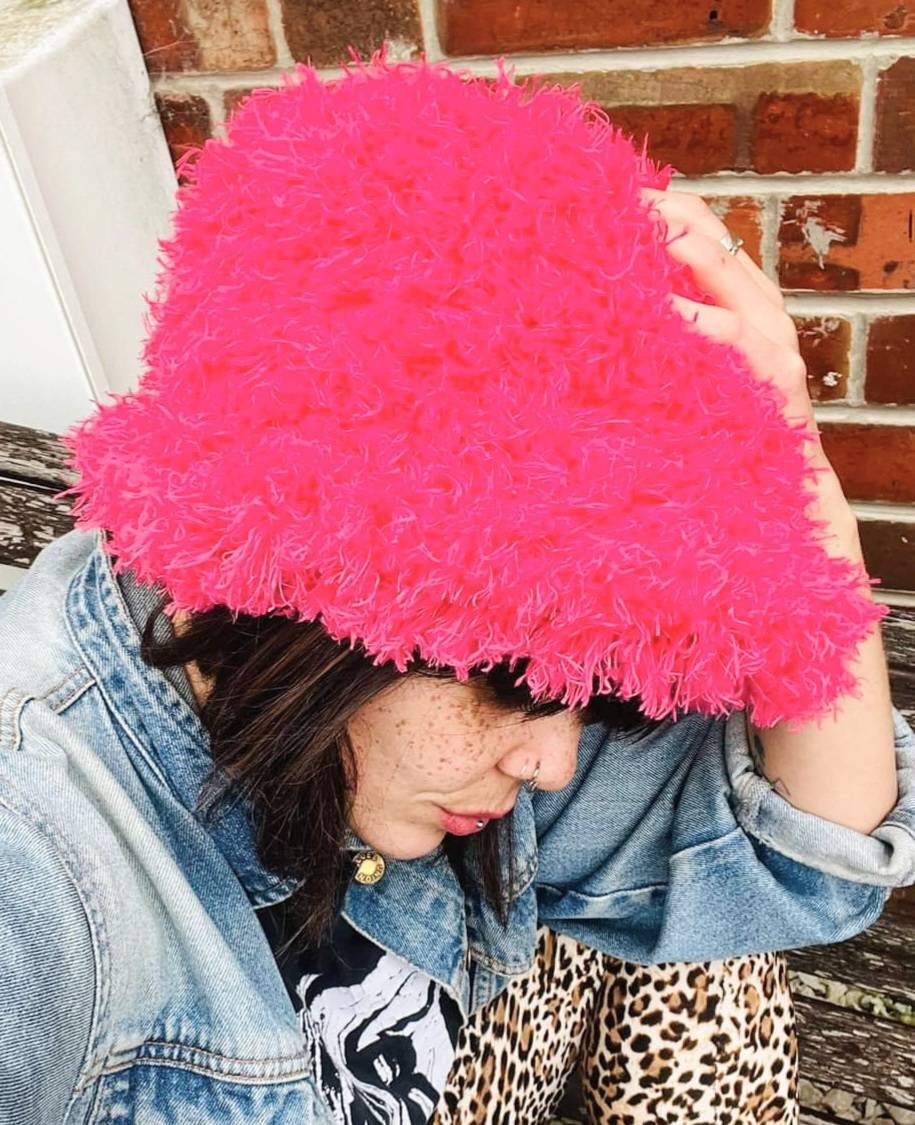 Frilly Pink Faux Fur Bucket Hat-Festival Hat-Floppy Hat-Fur Hat-Fake Fur Hat-Rave Hat-Pink Fur Hat-Cerise Pink Hat