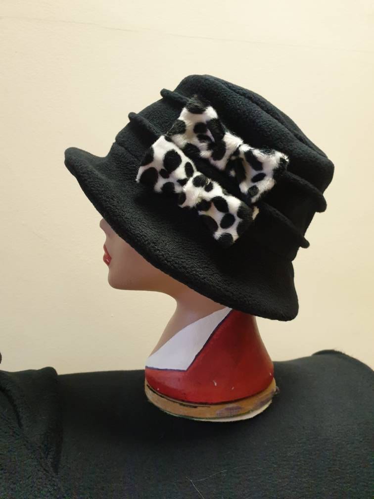 Black Cloche Hat In Cosy Polar Fleece-Dalmation Bows-Downton Abbey Hat-Womens Fleece Hat-Womens Fleece Winter Hat-1930's-Ladies Winter Hat
