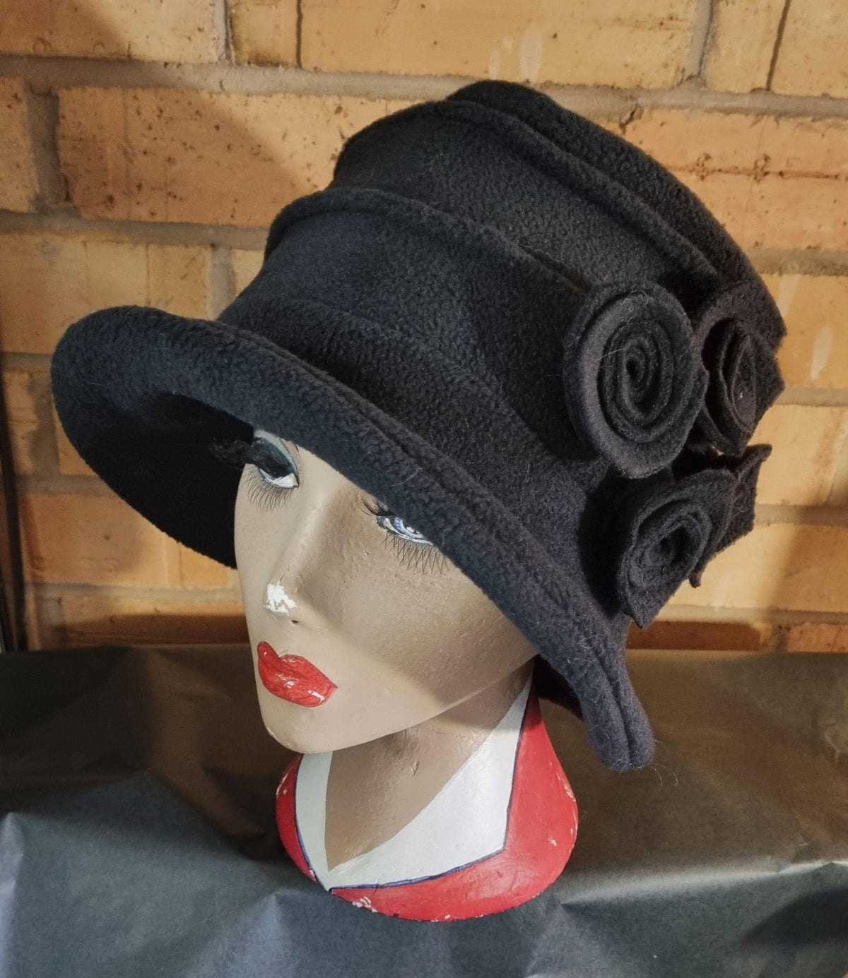Black Fleece Hat with Flower Detail-Polar Fleece Lining-Downton Abbey Hat-Womens Fleece Winter Hat-1930's-Ladies Winter Hat- Made in England