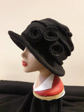 Cosy Black Fleece Hat with Pleated Top-Fully Fleece Lined-Downton Abbey Hat-Womens Fleece Hat-Womens Fleece Winter Hat-Ladies Winter Hat