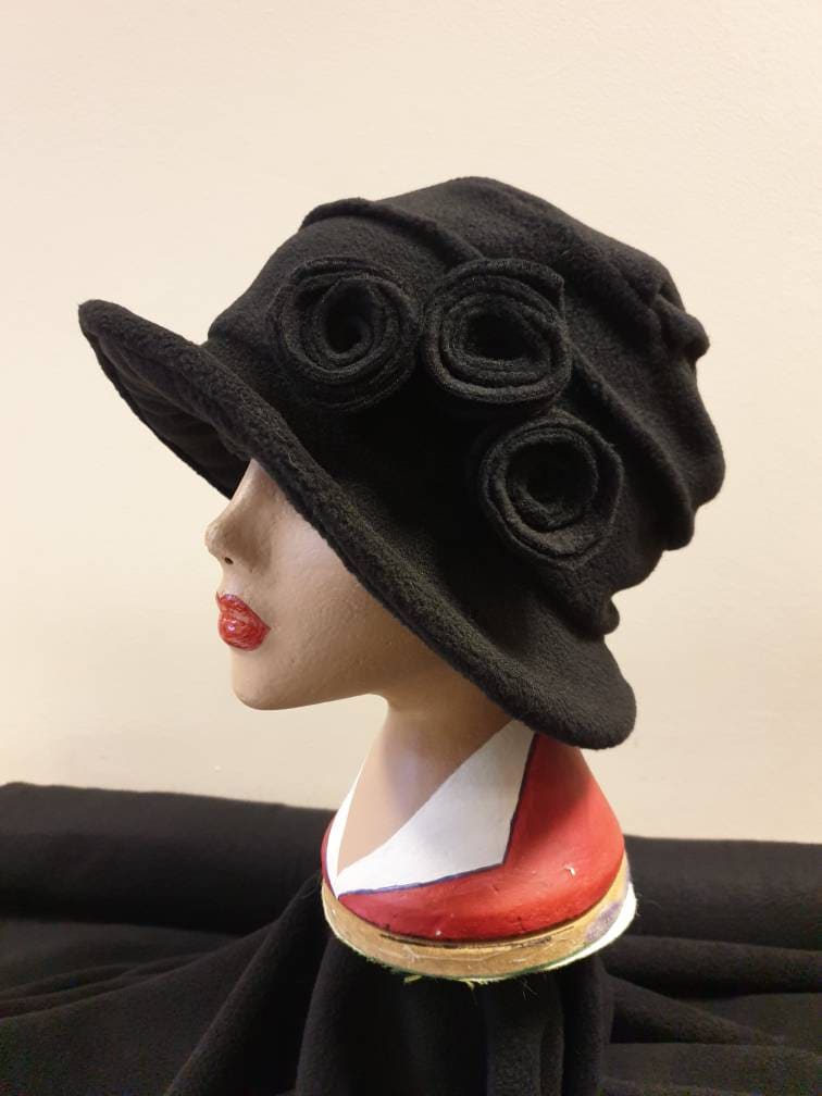 Cosy Black Fleece Hat with Pleated Top-Fully Fleece Lined-Downton Abbey Hat-Womens Fleece Hat-Womens Fleece Winter Hat-Ladies Winter Hat