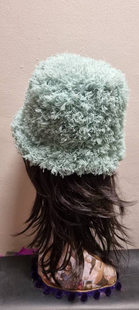 Curly Frills Mint Green Faux Fur Bucket Hat-Festival Hat-Floppy Hat-Fur Hat-Fake Fur Hat-Rave Hat-Mint Fur Hat-Sage Green Fur-Y2K Vegan Hat