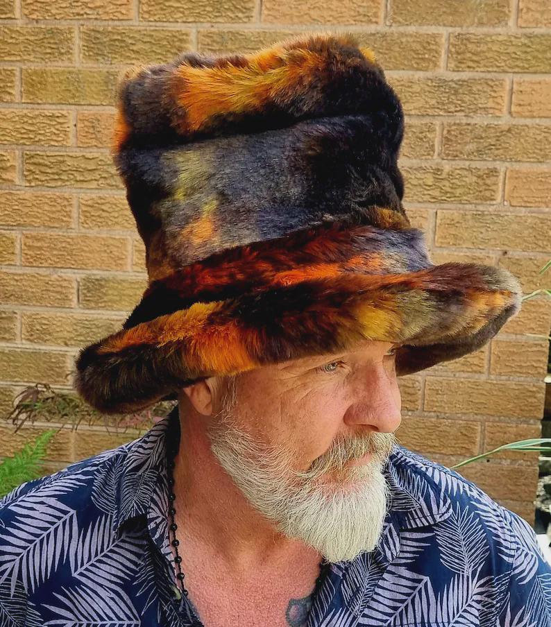 Tall Faux Fur Hat | Black, Brown & Orange | Handmade in the UK