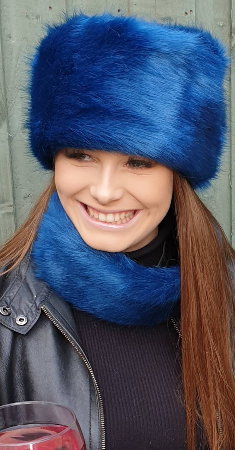 Sapphire Blue Luxury Short Faux Fur Hat with Polar Fleece Lining-Fur Hat-Fake Fur Hat-Winter Hat-Long Fur Hat-Cossack Hat-Blue Fur Hat