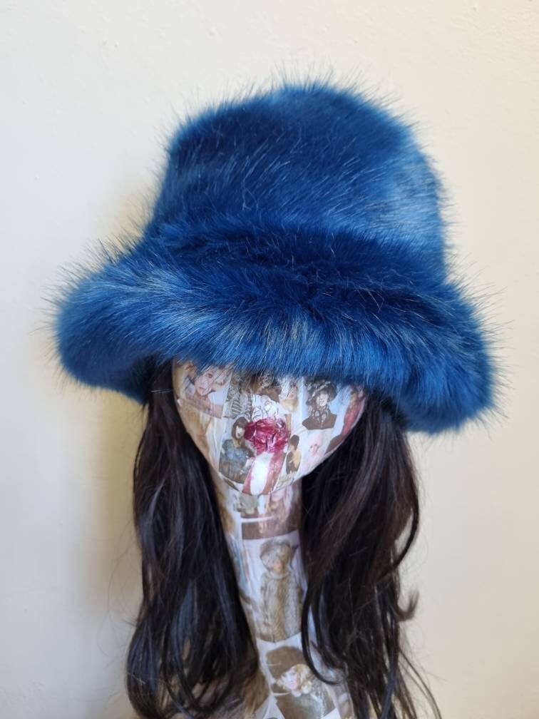 Stunning Super Luxury  Faux Fur Bucket Hat-Deep Blue-Fuzzy Bucket Hat-Festival Hat-Floppy Hat-Fur Hat-Fake Fur Hat-Rave Hat-Blue Bucket Hat