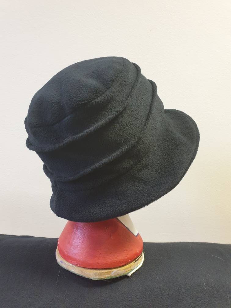 Black Fleece-Cloche Hat with Black Flower Detail-Polar Fleece Lining-Downton Abbey Hat-Womens Fleece Winter Hat-1930's-Ladies Winter Hat