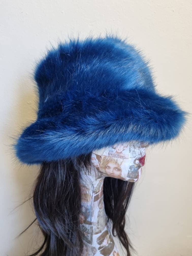 Stunning Super Luxury  Faux Fur Bucket Hat-Deep Blue-Fuzzy Bucket Hat-Festival Hat-Floppy Hat-Fur Hat-Fake Fur Hat-Rave Hat-Blue Bucket Hat