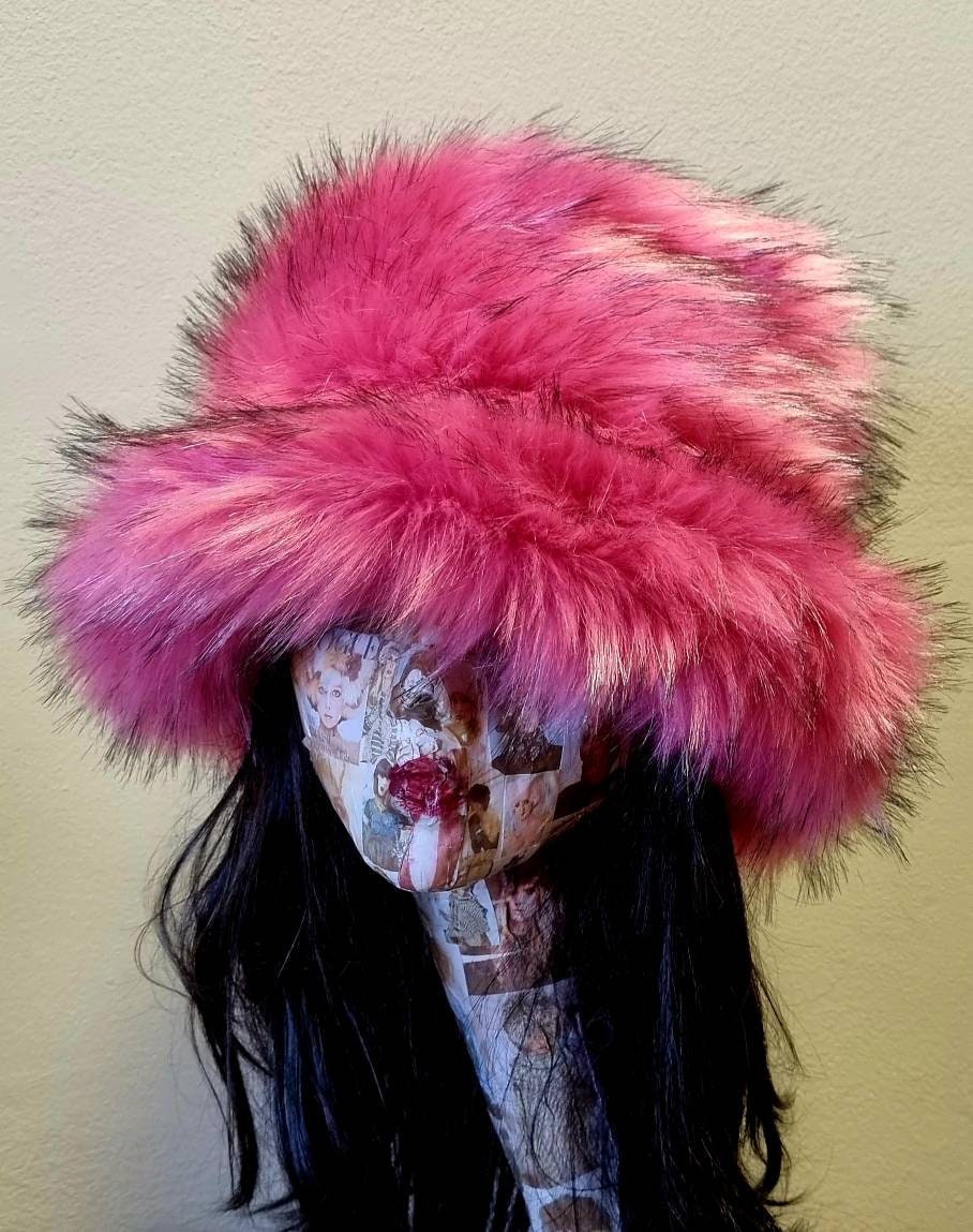Rose Pink Super Fluffy Luxury  Faux Fur Bucket Hat-Pink-Fuzzy Bucket Hat-Festival Hat-Fur Hat-Fake Fur Hat-Rave Hat-Pink Bucket Hat-Y2K hat