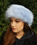 Baby blue faux fur headband, front view, fleece lined ear warmer handmade in England
