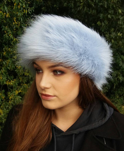 Baby blue faux fur headband, front view, fleece lined ear warmer handmade in England