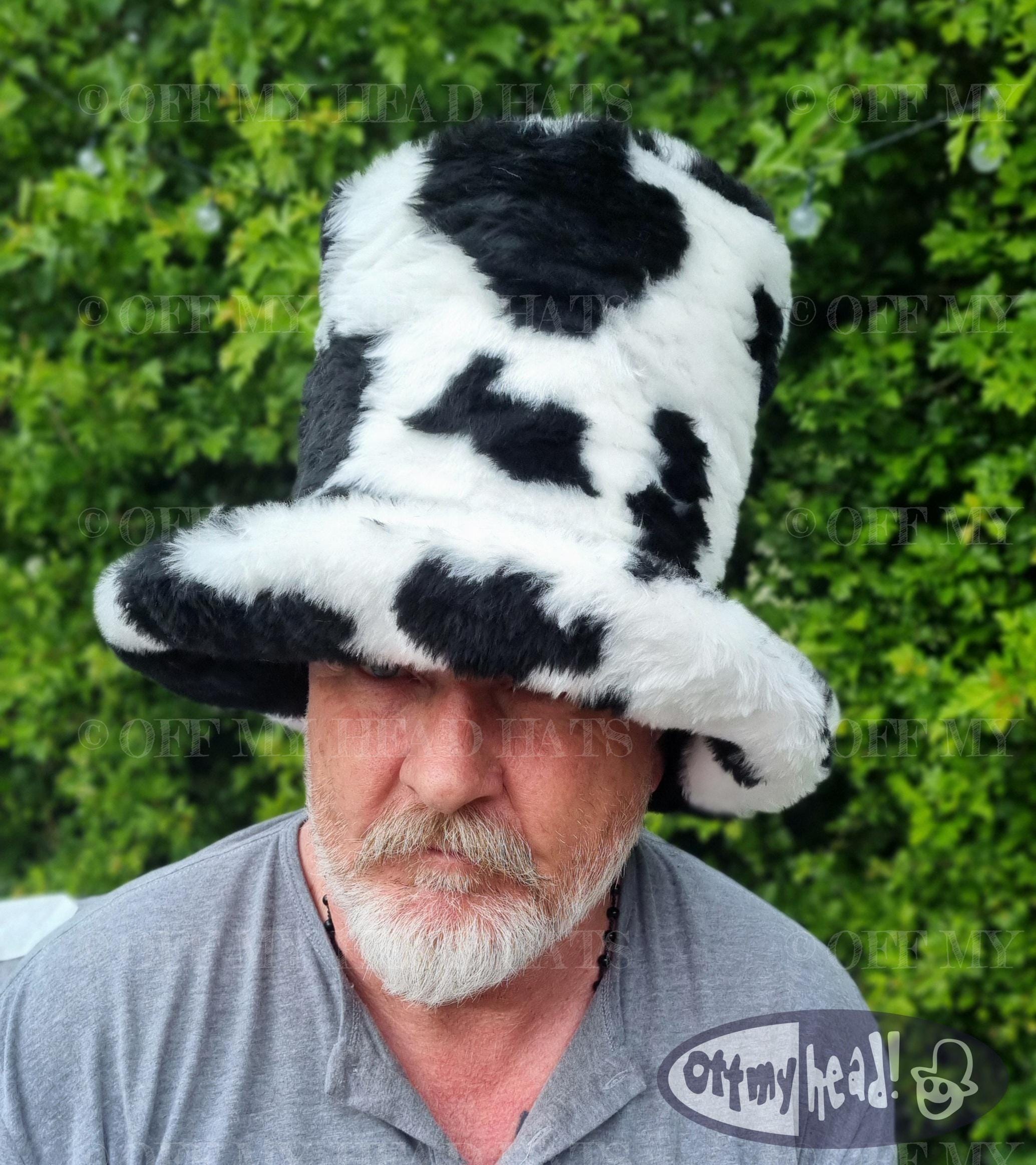 Black and white cow print faux fur stovepipe hat with wide brim  handmade in Englandrint