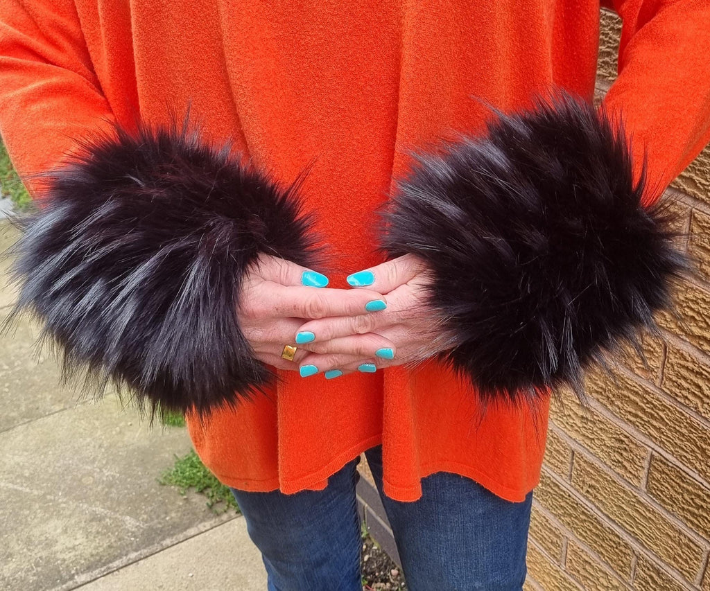 Dense black faux fur cuffs handmade in England