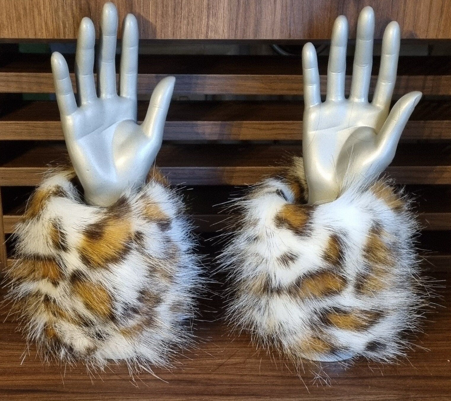 Fluffy animal print wrist warmers with fleece lining