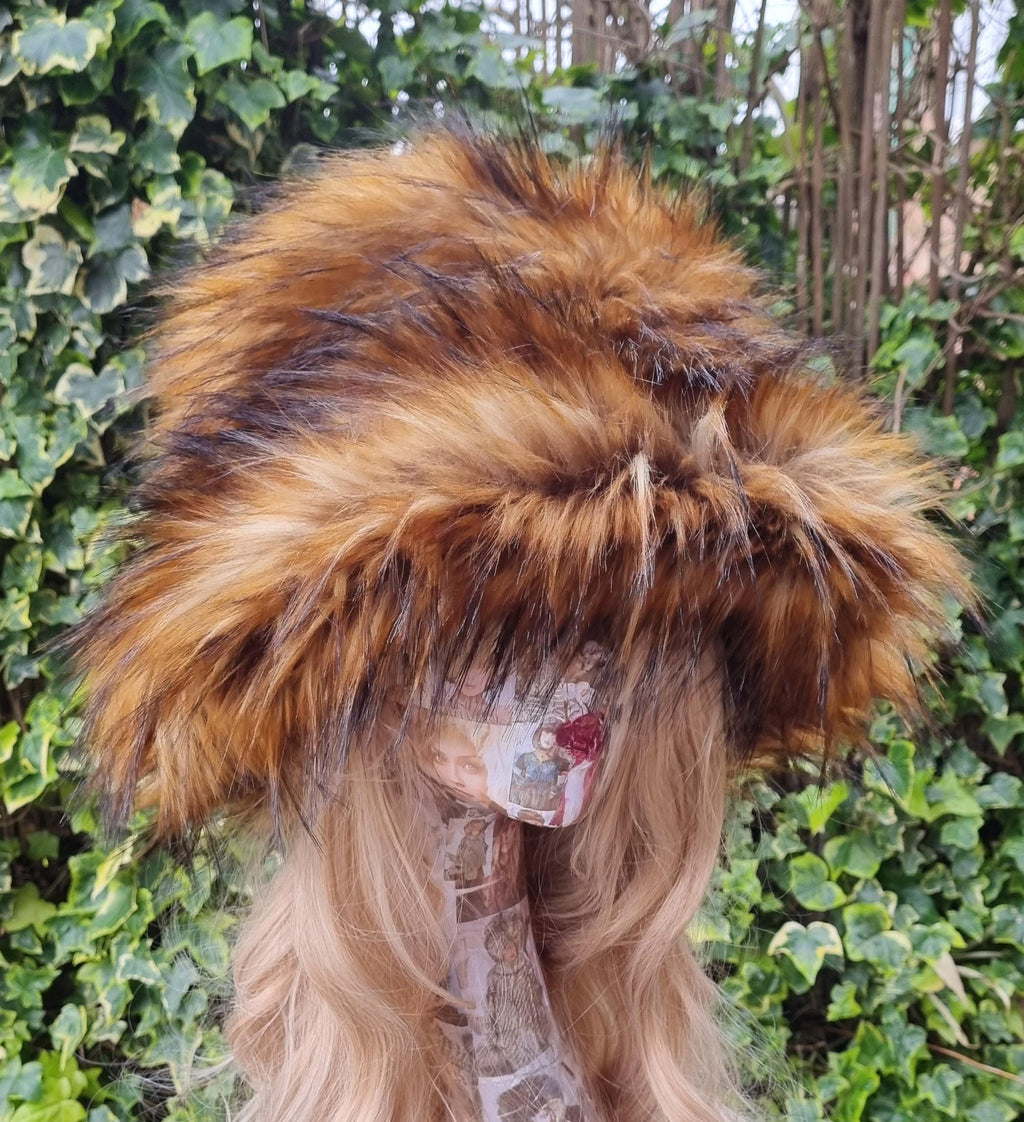Foxy faux fur bucket hat — side view showing fluffy fox-inspired fur texture, handmade by Off My Head