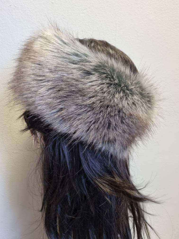 grey and light brown fluffy faux fur headband