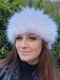 Ivory off-white faux fur headband, front view, fleece lined ear warmer handmade in England