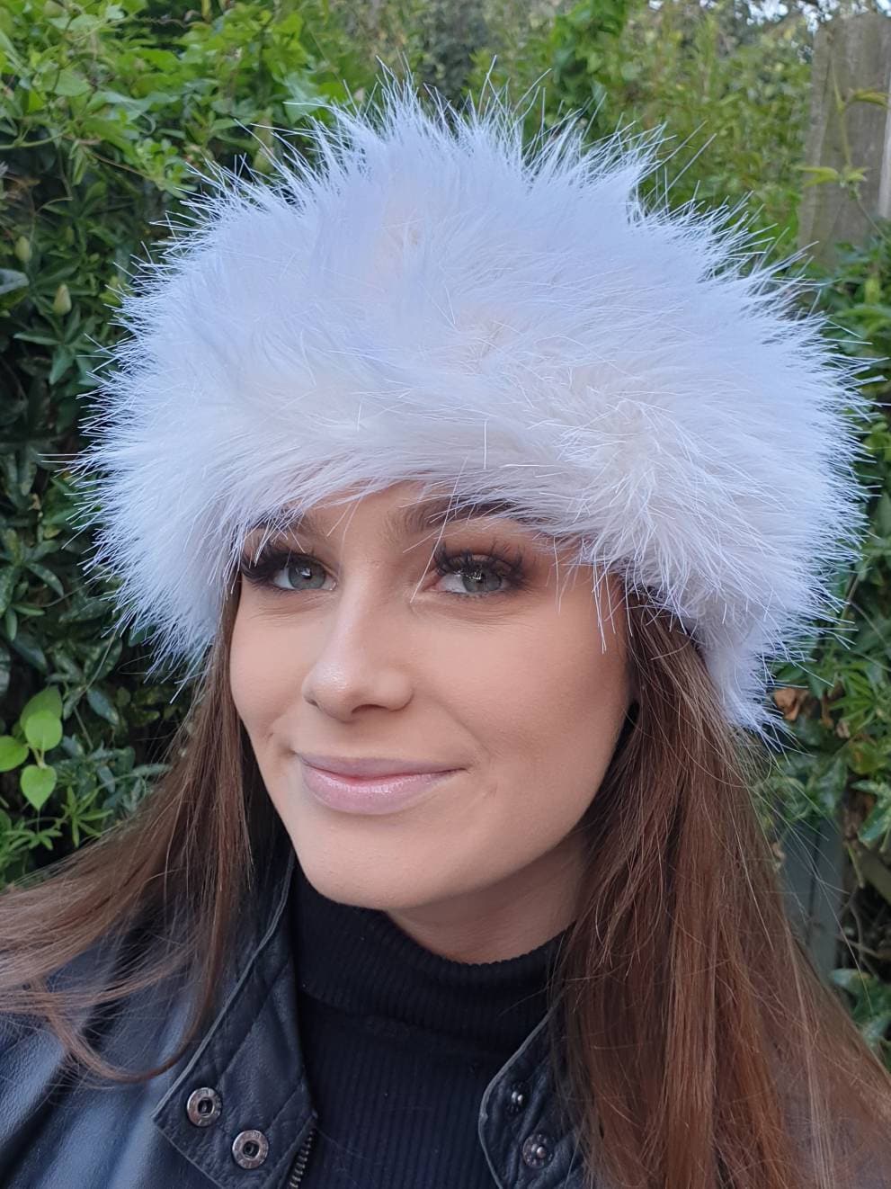 Ivory off-white faux fur headband, front view, fleece lined ear warmer handmade in England
