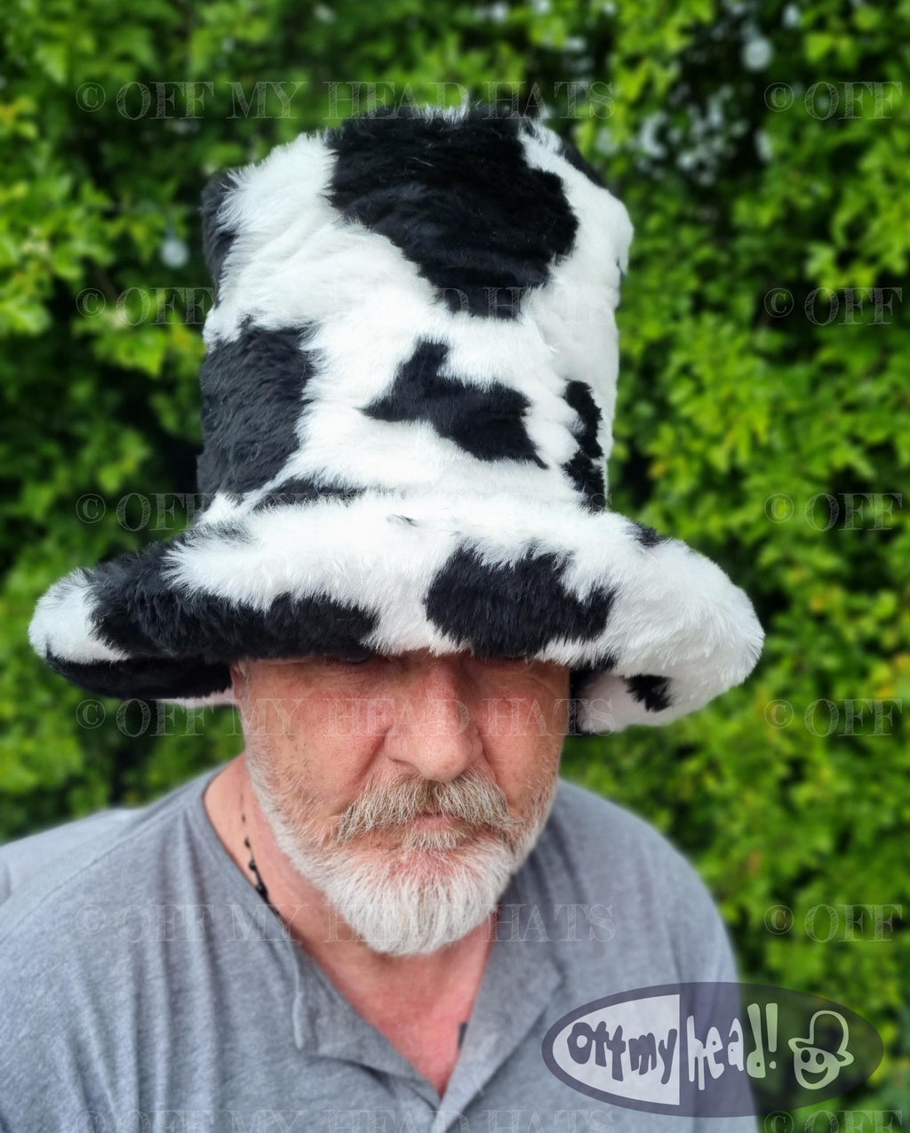 JK inspired tall black fur hat - festival hat - Cow Print