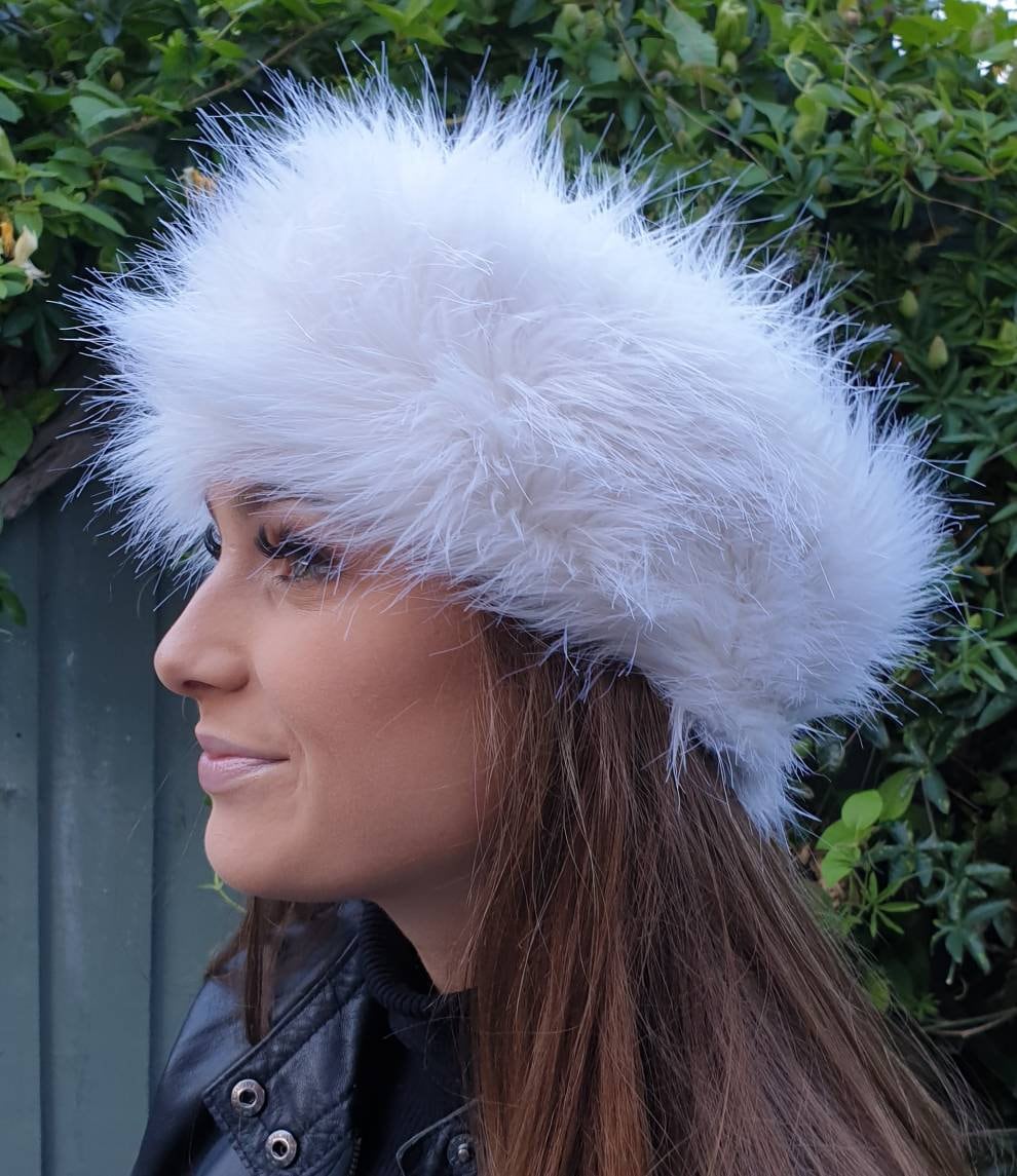 Luxury ivory faux fur headband worn as ear warmer, side view — perfect for weddings and winter styling