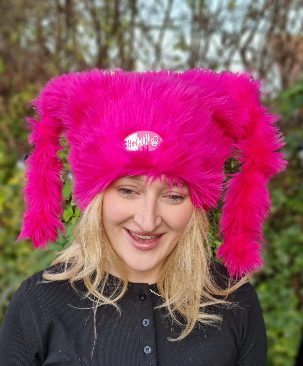 Off My Head shaggy shocking pink marshmallow hat handmade in England
