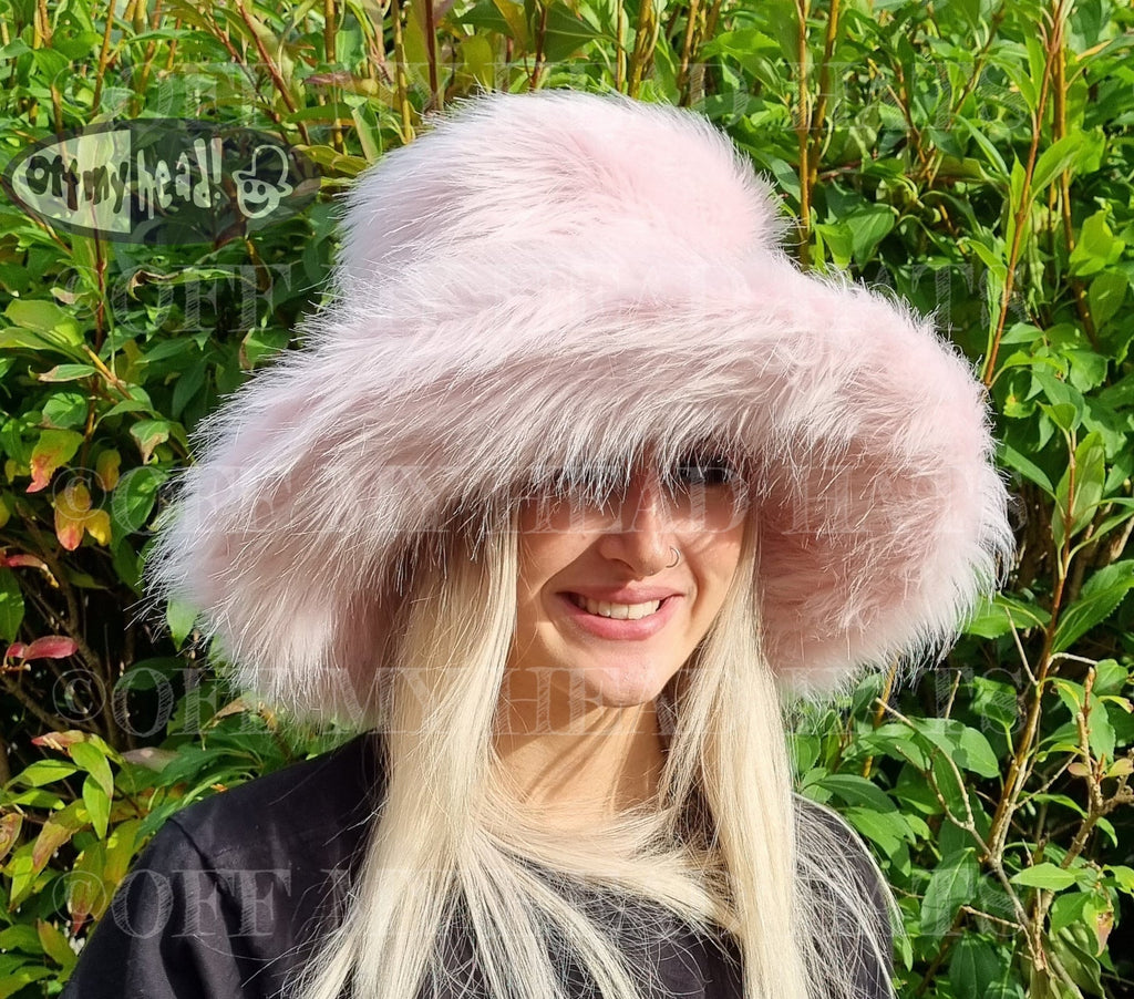 Pale Pink Oversized Faux Fur Bucket Hat | Wire Brim | Handmade in England