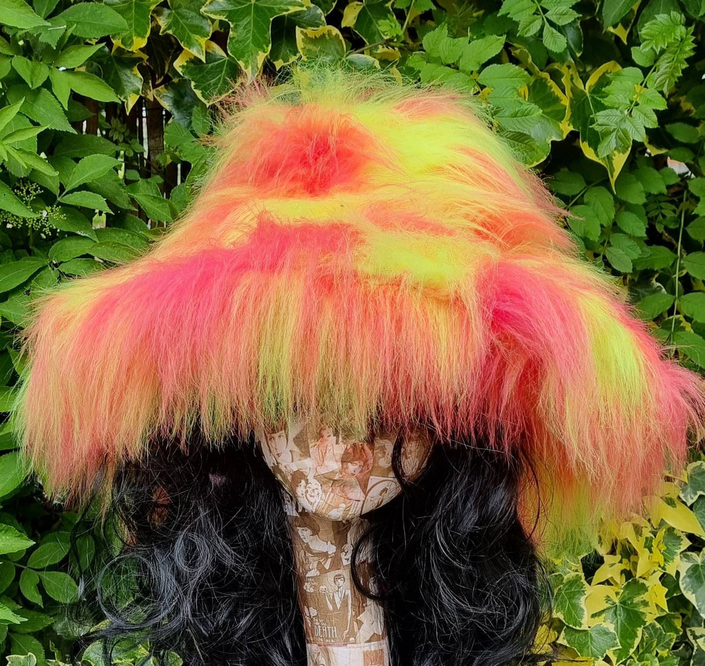 Pink and yellow oversized faux fur festival hat — perfect for raves, Pride, carnival and fancy dress