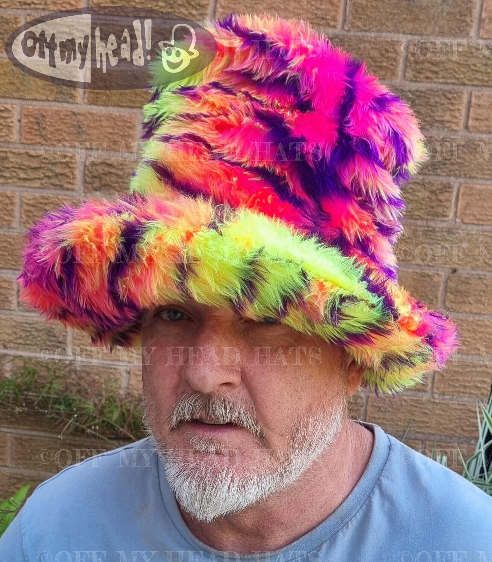 Tall multicolour faux fur hat in JK Space Cowboy style, handmade in Nottingham UK