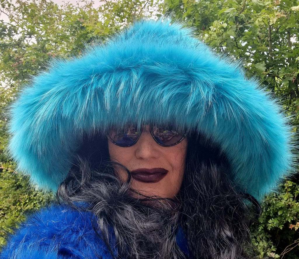 Turquoise and black tips faux fur wide brim bucket hat, front view, handmade in England
