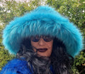 Turquoise and black tips faux fur wide brim bucket hat, front view, handmade in England