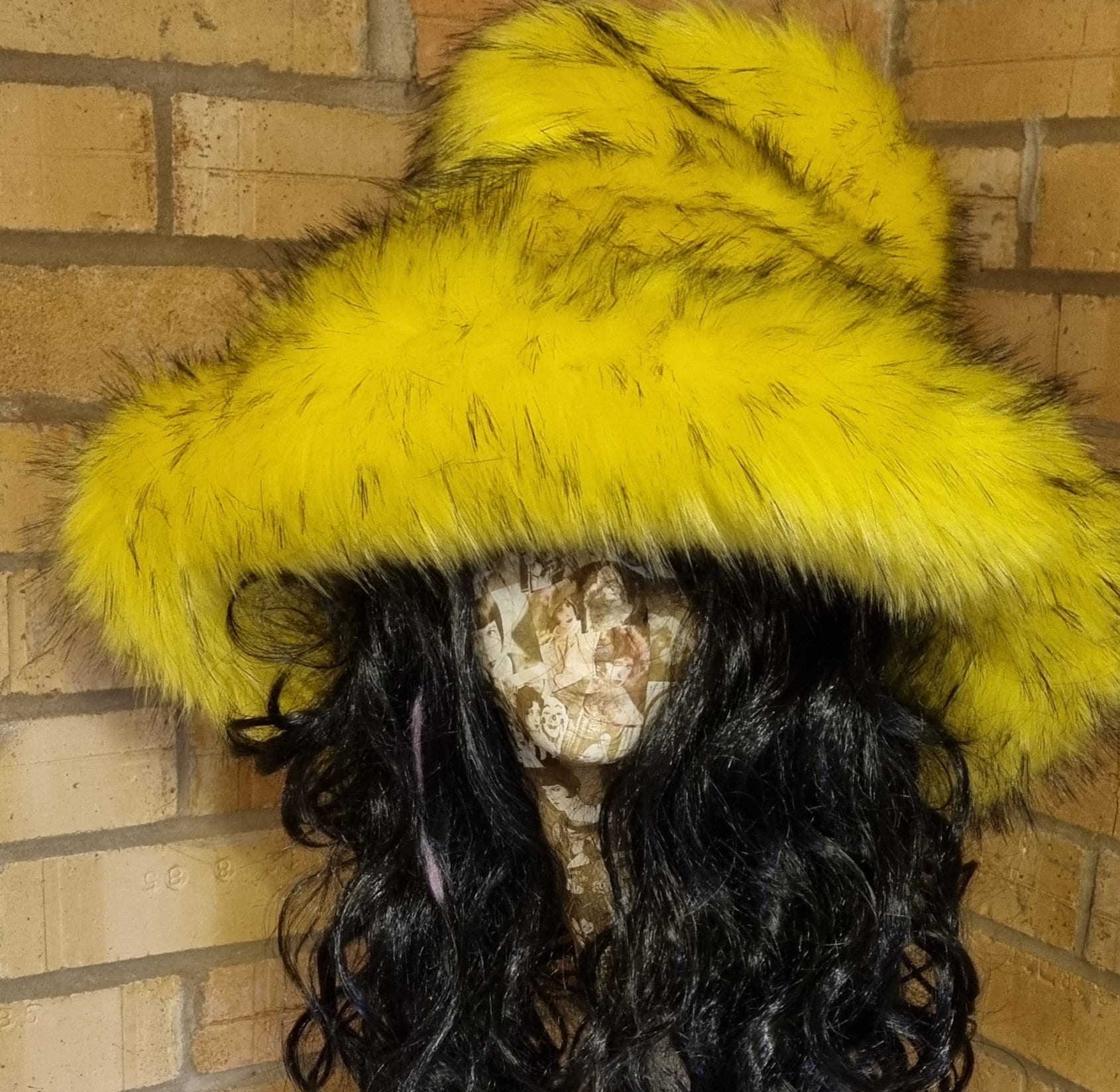Canary Yellow Black Tips Faux Fur Bucket Hat | Extra Wide Wired Brim | Handmade Festival Hat