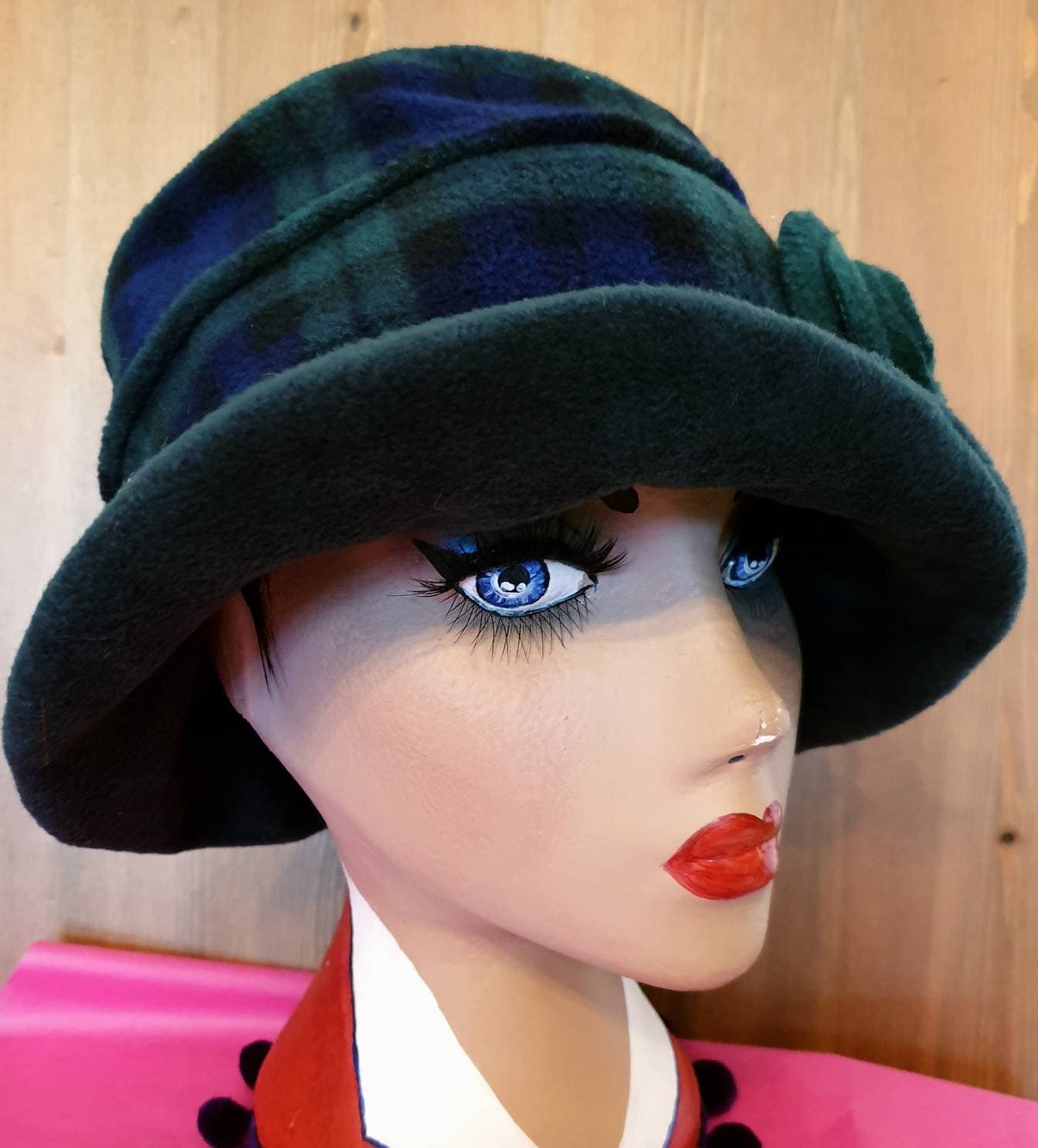 Dark Green & Tartan Fleece Cloche Hat | 1920s Vintage Style | Handmade in England