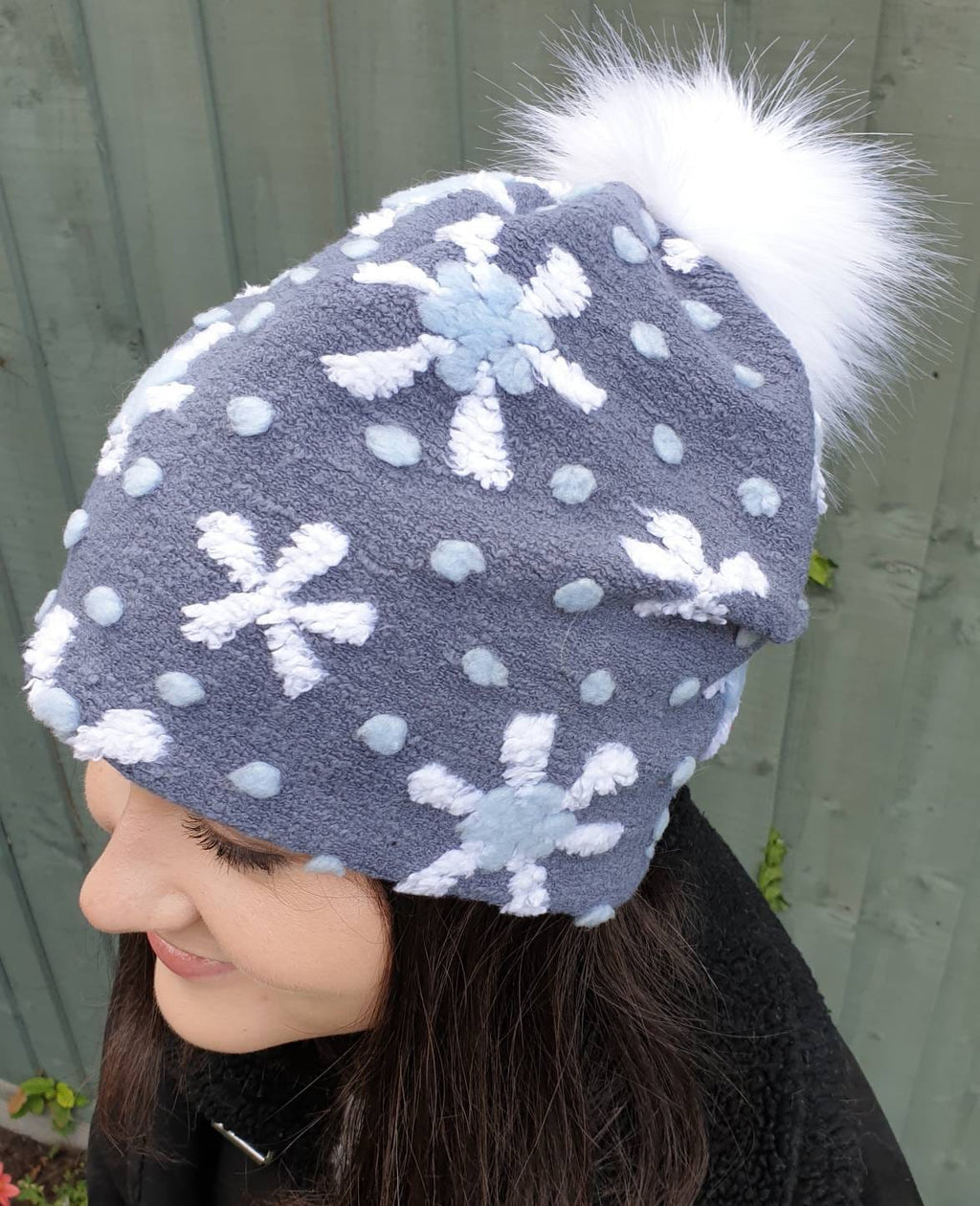 Snowflake Pattern Bouclé Slouchy Hat Large White Pom Pom-Fully lined with Polar Fleec-Fur Pom Pom Hat-Womens Fleece Hat-Faux Fur Pom Pom