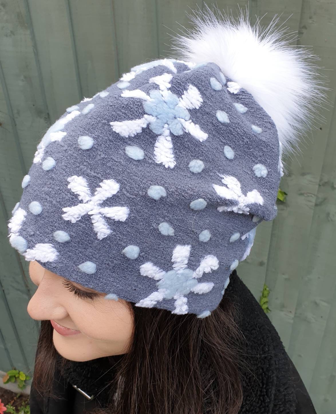 Snowflake Pattern Bouclé Slouchy Hat Large White Pom Pom-Fully lined with Polar Fleec-Fur Pom Pom Hat-Womens Fleece Hat-Faux Fur Pom Pom