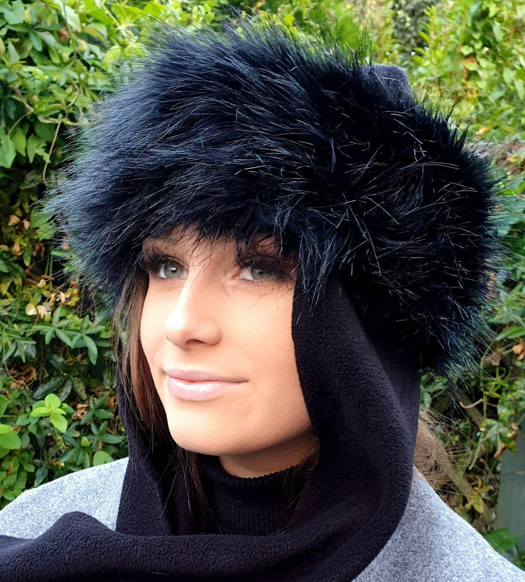 Black Faux Fur Frieda Scarf Hat. Faux Fur band with Fleece Top and Long Fleece Sides. Long Black Fake Fur with Full Polar Fleece Lining