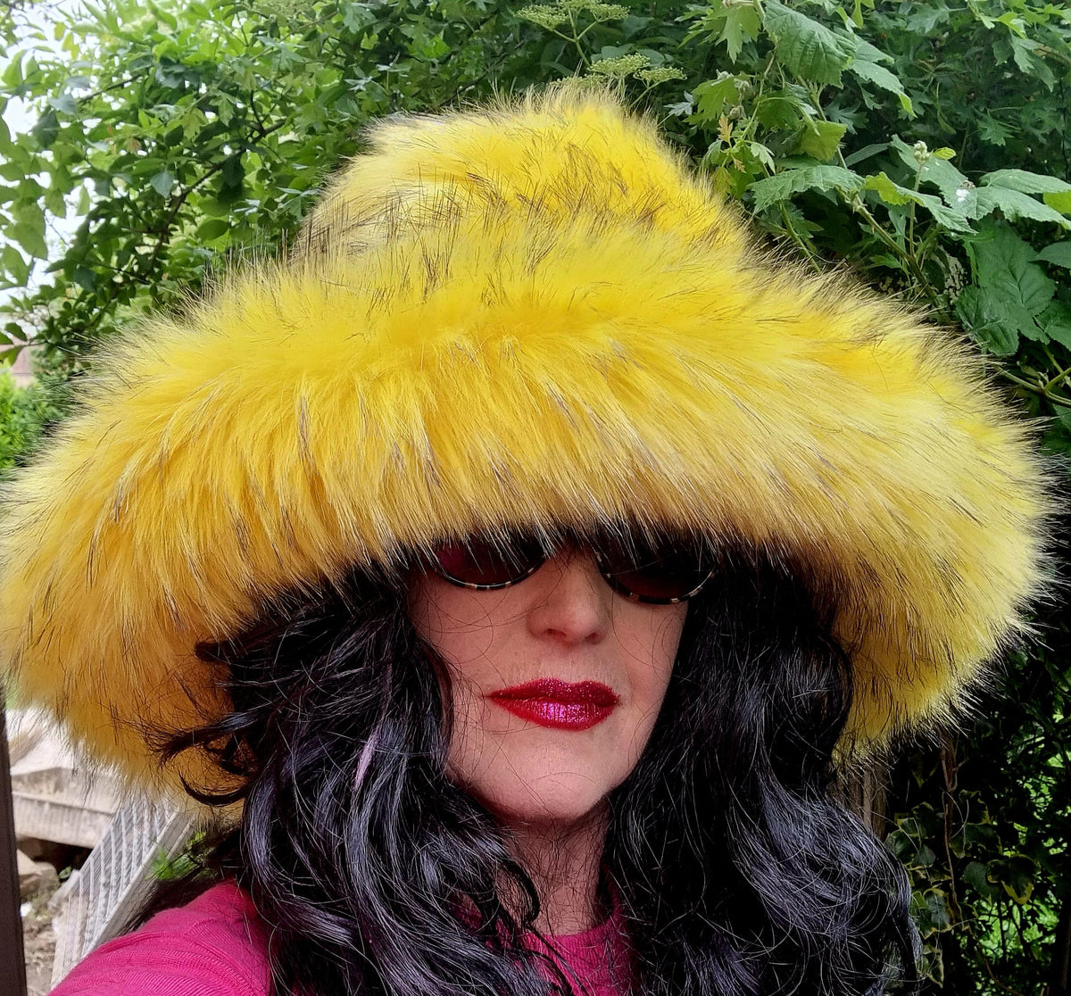 Canary Yellow Black Tips Faux Fur Bucket Hat | Extra Wide Wired Brim | Handmade Festival Hat