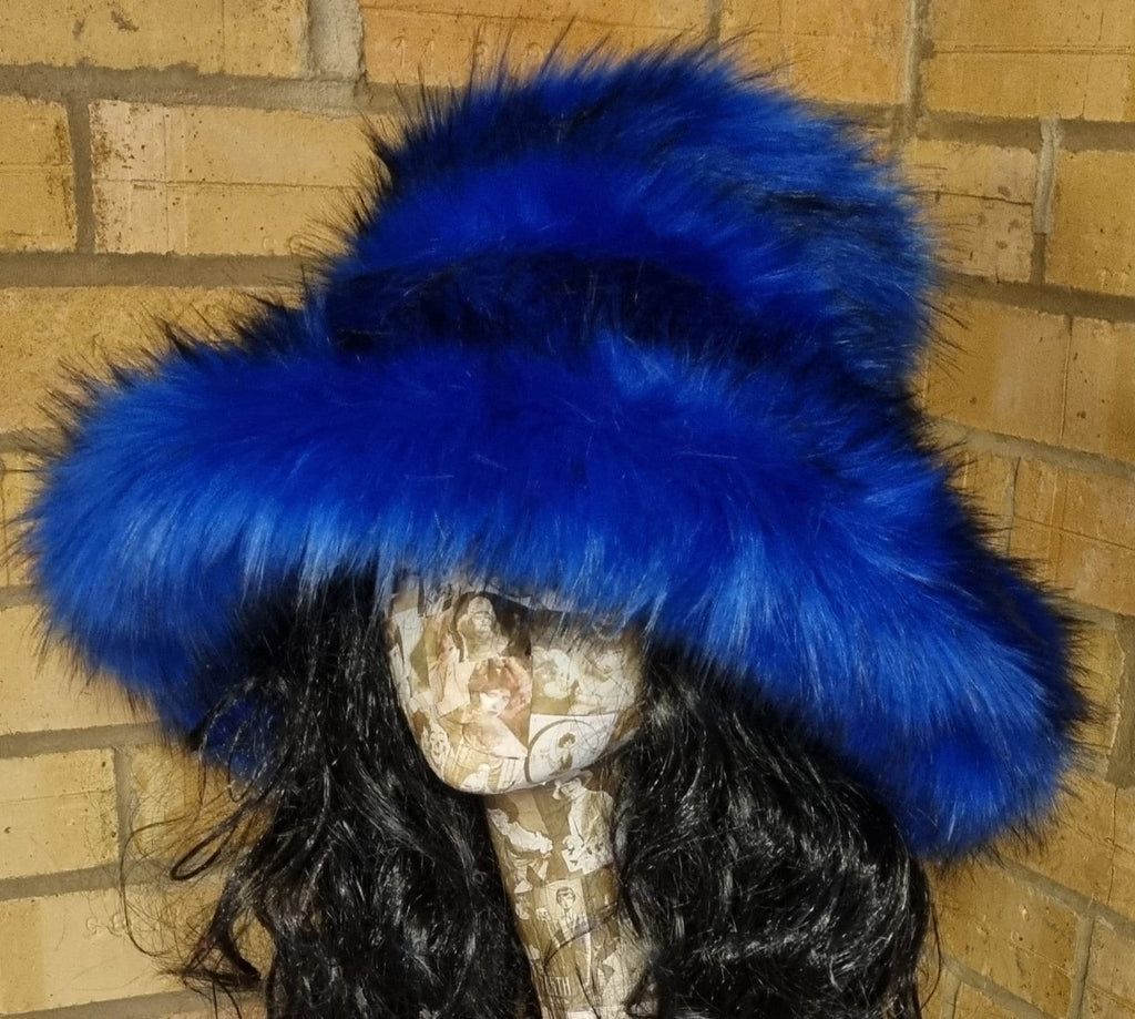 Royal Blue Faux Fur Bucket Hat | Extra Wide Wired Brim | Handmade Festival Hat