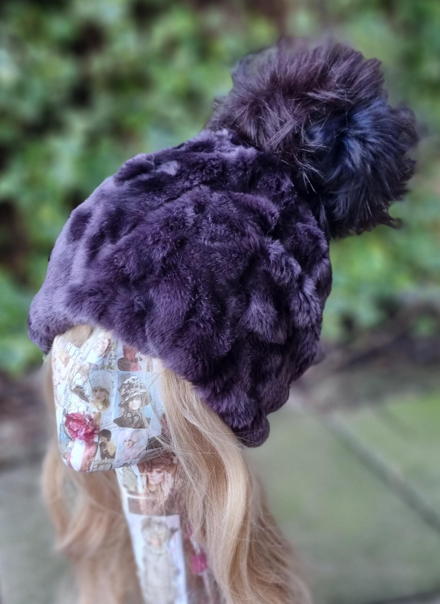 Violet Faux Fur Pom Pom Hat-Fully Lined with Polar Fleece-Pom Pom-Fake Fur Hat-Purple Fur-Ladies Winter Hat-Fleece Hat-Purple Pom Pom