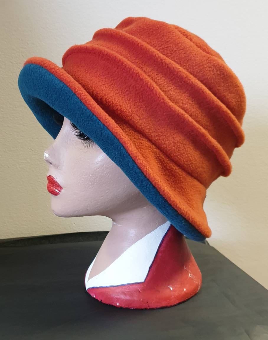 Burnt Orange & Teal Fleece Cloche Hat | Handmade in England