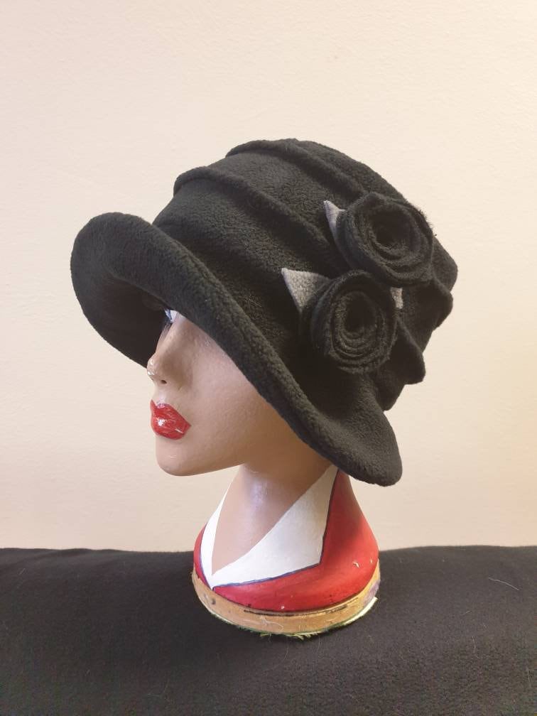 Black Fleece-Cloche Hat with Black Flower Detail-Polar Fleece Lining-Downton Abbey Hat-Womens Fleece Winter Hat-1930's-Ladies Winter Hat