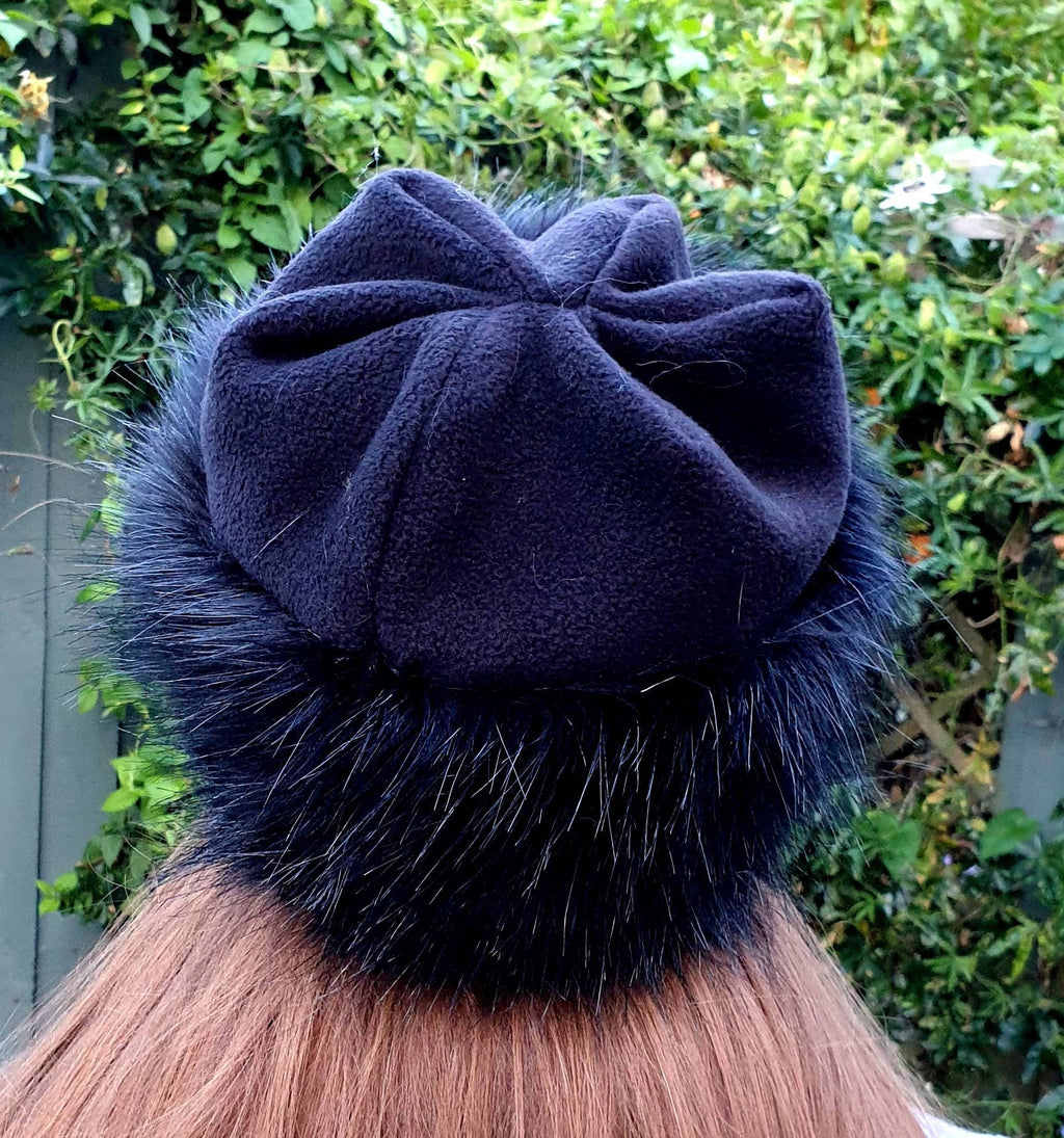 Fleece Top Faux Fur Hat in Long Black with Full Polar Fleece Lining
