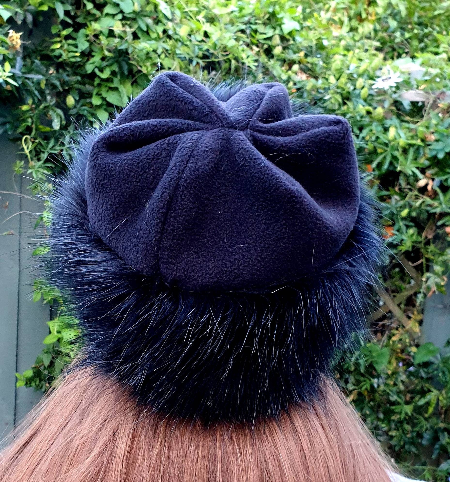 Fleece Top Faux Fur Hat in Long Black with Full Polar Fleece Lining